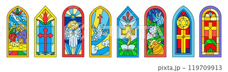 Cathedral stained glasses. Biblical stories from colored mosaics. Christian religious church windows. Christianity architecture. Arch windowsill art. Orthodoxy chapel. Garish vector set Cathedral stained glasses. Biblical stories from colored mosaics. Christian religious church windows. Christianity architecture. Arch windowsill art. Orthodoxy chapel. Garish vector set 119709913