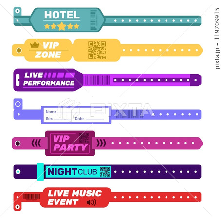 Different events bracelets. Color paper and plastic tapes with various designs. Concert passes. Performances and excursions. Nightclub entry. Wristlet ribbons. Admit tickets vector set 119709915