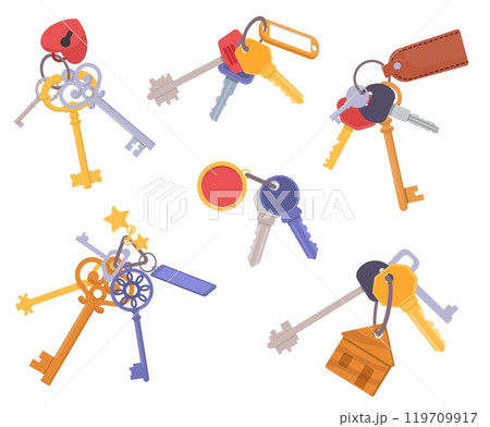Door keys bunches. Cartoon keyrings with keychains. Real estate property entrance unlocking accessories. Vintage and modern designs. Steel openers bundle. Vector isolated latchkeys set 119709917