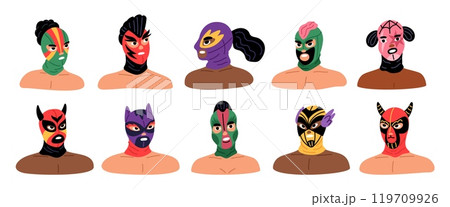 Mexican wrestlers portraits in masks. Professional Lucha Libre show participants. Latin fighters in bright costumes. Wrestling luchador. Fistfight athletes faces. Garish vector set 119709926