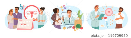 Pregnancy planning scenes. Gynecologist visit. Conception and fertilization. Reproductive function. Women health. Parents couple at appointment with doctor. Garish vector concepts set 119709930