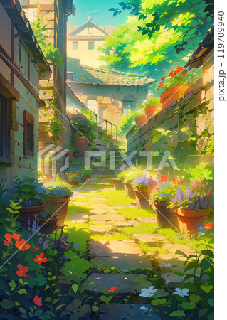 春の裏通りに置かれた鉢植えの花 119709940