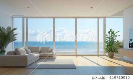 Interior with large window sea view 119710010