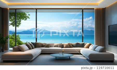 Interior with large window sea view 119710011