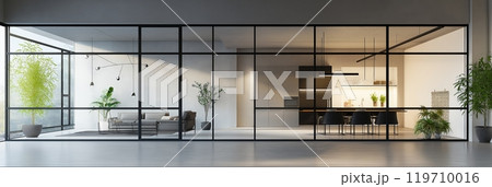 Modern interior with glass walls and windows 119710016