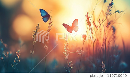 Colorful butterflies and wildflowers in meadow 119710040