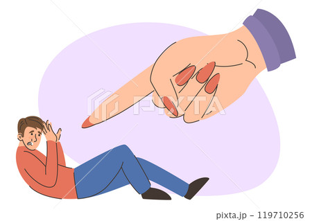 Big hand pointing in anger at frightened man 119710256