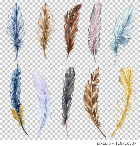 Hand drawn watercolor feather set. Boho bird feathers cipart 119710337