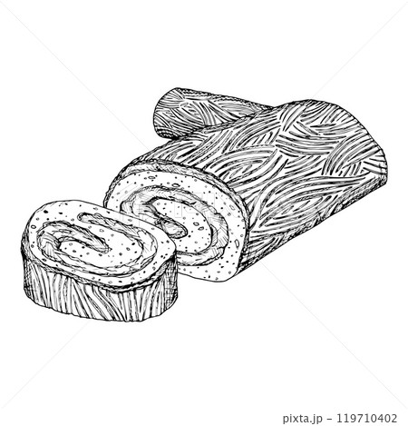 A festive yule log cake, buche de Noel, Christmas holiday meal featuring, sliced rolled pastrie. A detailed black and white hand drawn ink vector illustration. 119710402