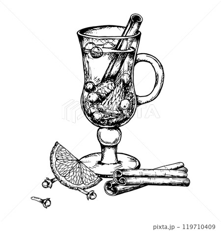 Vector ink hand drawn clipart of hot winter drink in glass cup: punch, mulled wine, tea with citrus, cinnamon sticks, star anise and cloves. Perfect for Christmas holiday print, pastry shop, cafe menu Vector ink hand drawn clipart of hot winter drink in glass cup: punch, mulled wine, tea with citrus, cinnamon sticks, star anise and cloves. Perfect for Christmas holiday print, pastry shop, cafe menu 119710409