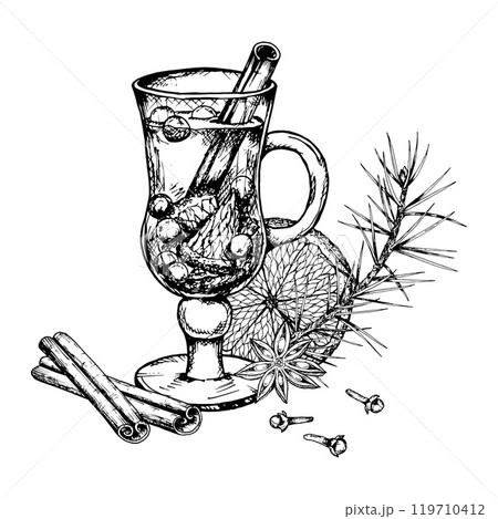 Vector ink hand drawn clipart of hot winter drink in glass cup: punch, mulled wine, tea with citrus, cinnamon sticks, star anise and cloves. Perfect for Christmas holiday print, pastry shop, cafe menu Vector ink hand drawn clipart of hot winter drink in glass cup: punch, mulled wine, tea with citrus, cinnamon sticks, star anise and cloves. Perfect for Christmas holiday print, pastry shop, cafe menu 119710412