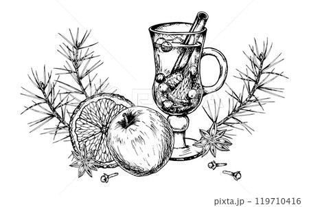Vector ink hand drawn clipart of hot winter drink in glass cup: punch, mulled wine, tea with citrus, cinnamon sticks, star anise and cloves. Perfect for Christmas holiday print, pastry shop, cafe menu Vector ink hand drawn clipart of hot winter drink in glass cup: punch, mulled wine, tea with citrus, cinnamon sticks, star anise and cloves. Perfect for Christmas holiday print, pastry shop, cafe menu 119710416