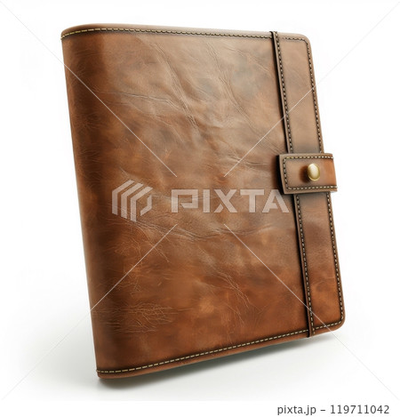 Elegant brown leather journal with button clasp on white background Elegant brown leather journal with button clasp on white background 119711042