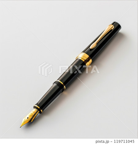 Elegant black fountain pen with gold accents on a white background Elegant black fountain pen with gold accents on a white background 119711045