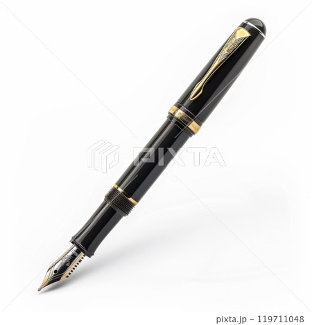 Elegant black fountain pen with gold accents isolated on white background Elegant black fountain pen with gold accents isolated on white background 119711048