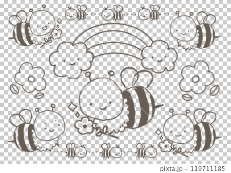 Lots of cute bee characters Coloring book Line drawing 119711185