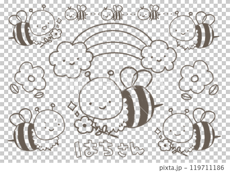 Lots of cute bee characters Coloring book Line drawing 119711186