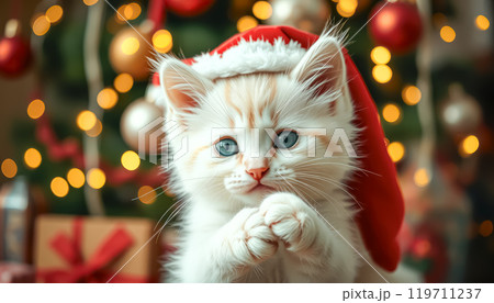 Beautiful cute kitten with Christmas gifts in festive interior 119711237