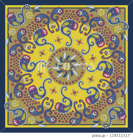 Gold and blue scarf or bandana design with paisley mandala pattern 119711317