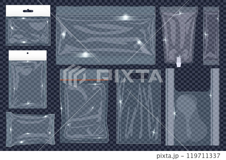 Transparent blank food packs mega set elements in flat graphic design. Collection objects of different shape empty plastic package with zip lock, waterproof polythene packaging. Vector illustration. 119711337
