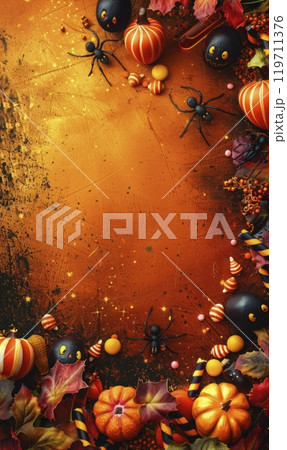 Halloween Candy and Spiders Celebration Background, Generate AI 119711376