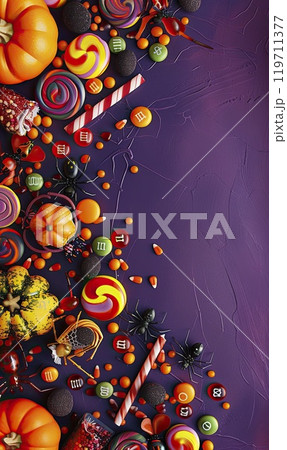 Halloween Candy and Spiders Celebration Background, Generate AI 119711377