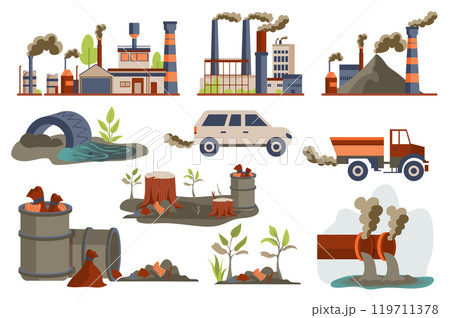 Environmental pollution mega set elements in flat graphic design. Collection objects of toxic industry emission, factory with pipe, smog and dirty emission, garbage and trash. Vector illustration. 119711378