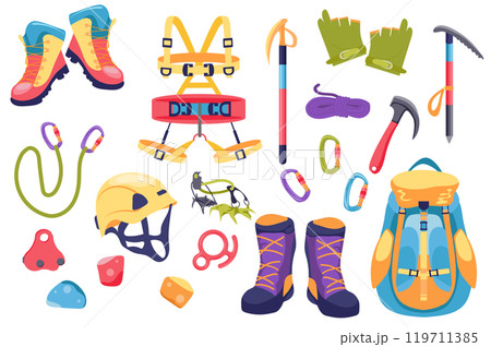 Climbing gear equipment mega set elements in flat graphic design. Collection objects of boots, harness, glove, rope, helmet, hooks, claws, locks, belts, other alpinism tools. Vector illustration. Climbing gear equipment mega set elements in flat graphic design. Collection objects of boots, harness, glove, rope, helmet, hooks, claws, locks, belts, other alpinism tools. Vector illustration. 119711385