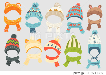 Children winter knit hats mega set elements in flat graphic design. Collection objects of wam woolen headwear with scarfs, different headdress with cute prints or animal ears. Vector illustration. Children winter knit hats mega set elements in flat graphic design. Collection objects of wam woolen headwear with scarfs, different headdress with cute prints or animal ears. Vector illustration. 119711397