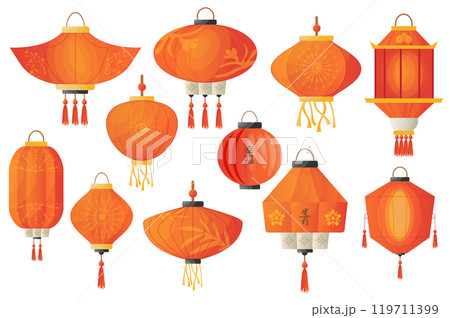 Cartoon chinese lanterns mega set elements in flat graphic design. Collection objects of different shapes hanging red lanterns, tradition festival paper lamps with ornaments. Vector illustration. 119711399
