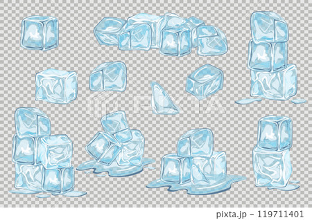 Blue ice cubes mega set elements in flat graphic design. Collection objects of transparent cooling icy crystals, square frozen water blocks for refreshment cocktail beverages. Vector illustration. Blue ice cubes mega set elements in flat graphic design. Collection objects of transparent cooling icy crystals, square frozen water blocks for refreshment cocktail beverages. Vector illustration. 119711401