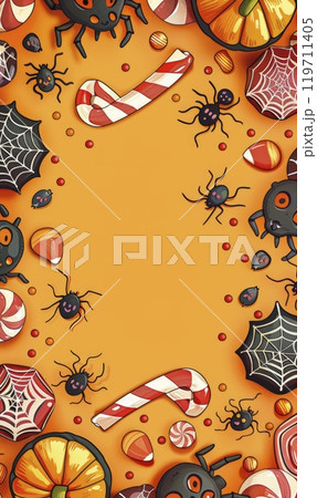 Halloween Candy and Spiders Celebration Background, Generate AI 119711405
