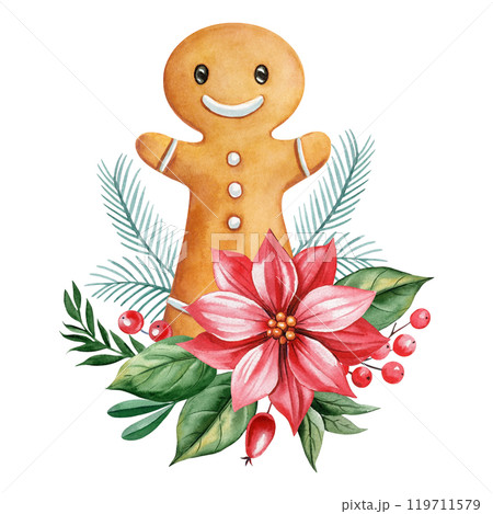 Holiday watercolor gingerbread man, vibrant red flower, frosty foliage and seasonal berries for Christmas decor, poster Holiday watercolor gingerbread man, vibrant red flower, frosty foliage and seasonal berries for Christmas decor, poster 119711579