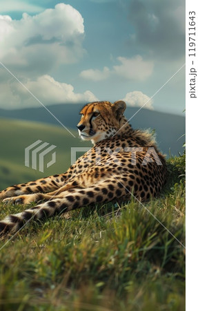 A tranquil cheetah rests amid lush grass, basking in the warm golden hour light. Generate AI 119711643