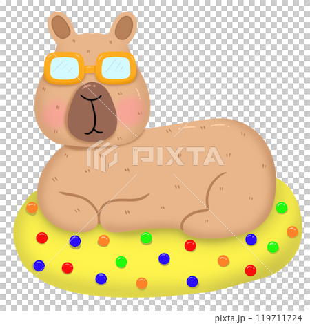 Funny Capybara wearing sunglasses sleeps on a rubber ring. 119711724