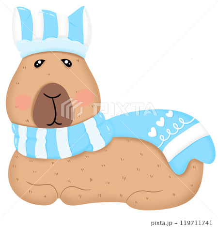 Funny Capybara wearing a hat with a blue scarf. Funny Capybara wearing a hat with a blue scarf. 119711741