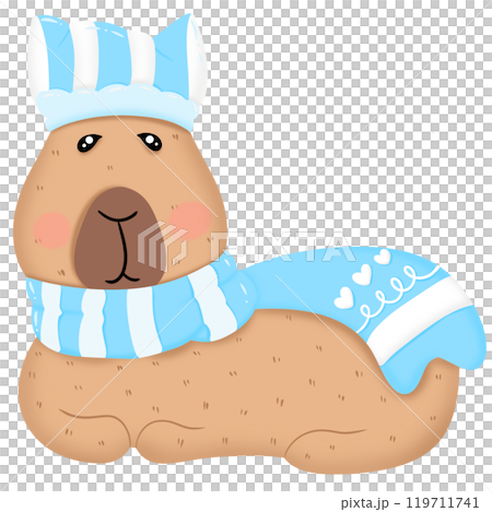 Funny Capybara wearing a hat with a blue scarf. Funny Capybara wearing a hat with a blue scarf. 119711741