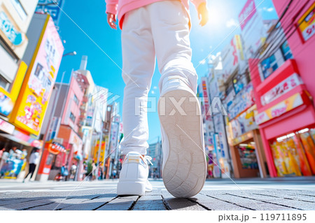 A person walking in brightly colored streets in a bustling city under a sunny sky 119711895