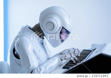 A futuristic robot playing a piano in a modern studio environment during daylight hours A futuristic robot playing a piano in a modern studio environment during daylight hours 119711943