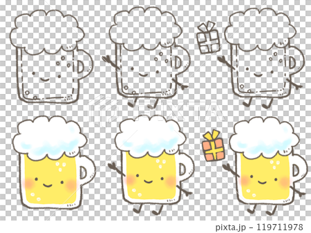ジョッキに入ったビールのかわいいデフォルメイラスト キャラクター 顔あり 119711978
