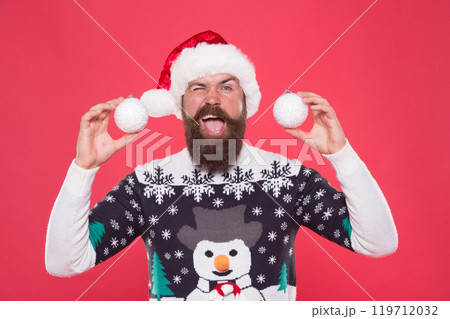 santa claus bearded man wish happy new year and merry christmas holiday ready to celebrate party with fun full of xmas gifts and decorations, new year fun santa claus bearded man wish happy new year and merry christmas holiday ready to celebrate party with fun full of xmas gifts and decorations, new year fun 119712032