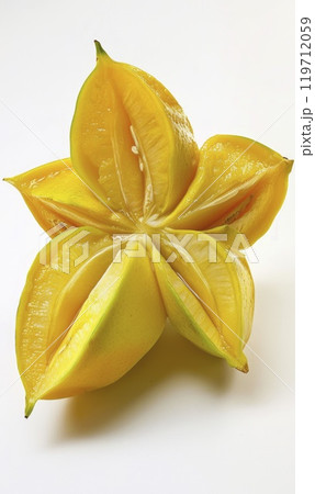 Ripe starfruit (carambola) whole and sliced on a white background. Generate AI Ripe starfruit (carambola) whole and sliced on a white background. Generate AI 119712059