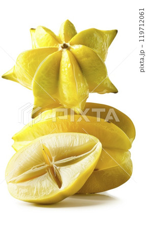 Ripe starfruit (carambola) whole and sliced on a white background. Generate AI Ripe starfruit (carambola) whole and sliced on a white background. Generate AI 119712061