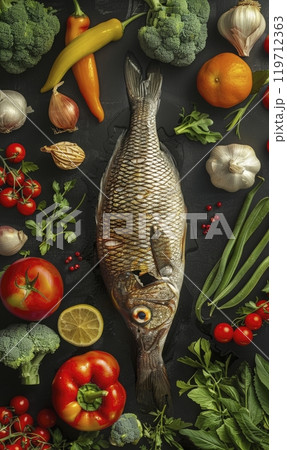 Grilled Fish and Fresh Vegetables Assortment, generae AI 119712363
