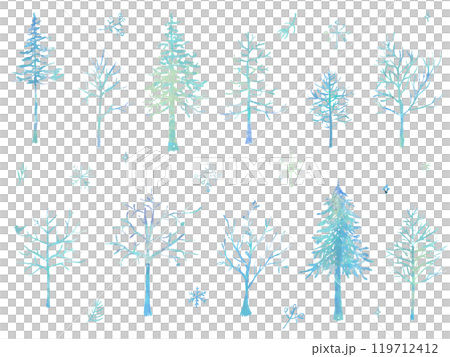 Beautiful collection of hand-drawn snowflakes and forest trees - vector illustrations on a white background 119712412