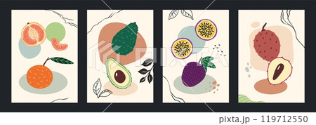 Fruit posters. Abstract hand drawn prints with orange, avocado and topical fruits. Passion fruit and lychee. Hand drawn doodle forms. Modern creative vector cartoon flat isolated illustration 119712550