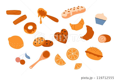 Sweet pastry. Desserts for tea drinking. Eclair and croissant. Delicious chocolate biscuits. Honey cupcake. Baked confectionery. Macaron cookie. Yummy treat pie. Vector sugar food set Sweet pastry. Desserts for tea drinking. Eclair and croissant. Delicious chocolate biscuits. Honey cupcake. Baked confectionery. Macaron cookie. Yummy treat pie. Vector sugar food set 119712555