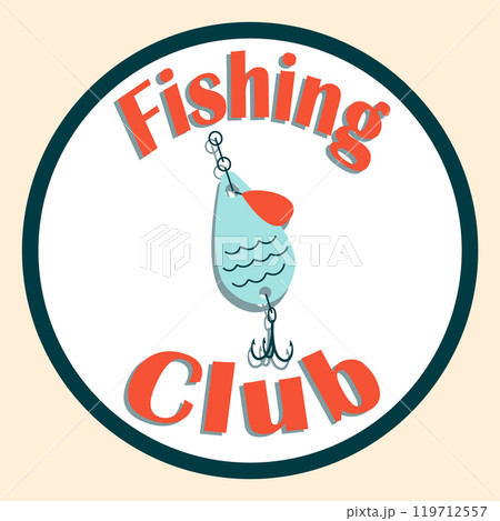 Fishing lure. Fishers club icon. Fish catching symbol. Bait with fishhook. Angling round logo. Hobby badge. River or sea fishery label. Wobbler hook. Vector fisherman emblem design Fishing lure. Fishers club icon. Fish catching symbol. Bait with fishhook. Angling round logo. Hobby badge. River or sea fishery label. Wobbler hook. Vector fisherman emblem design 119712557