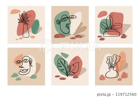 Line art face. Abstract people portrait. Woman doodle logo of beauty modern head and leaves. Human sketch. Contemporary minimal posters or prints, hand drawn elements, vector graphic icon set 119712560