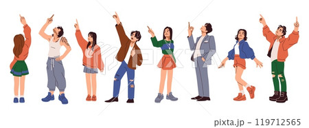 People looking up. Line person characters, finger and hand hope to aim. Future indicate sky vision. Surprised men and women showing with hands. Vector outline cartoon flat isolated set People looking up. Line person characters, finger and hand hope to aim. Future indicate sky vision. Surprised men and women showing with hands. Vector outline cartoon flat isolated set 119712565